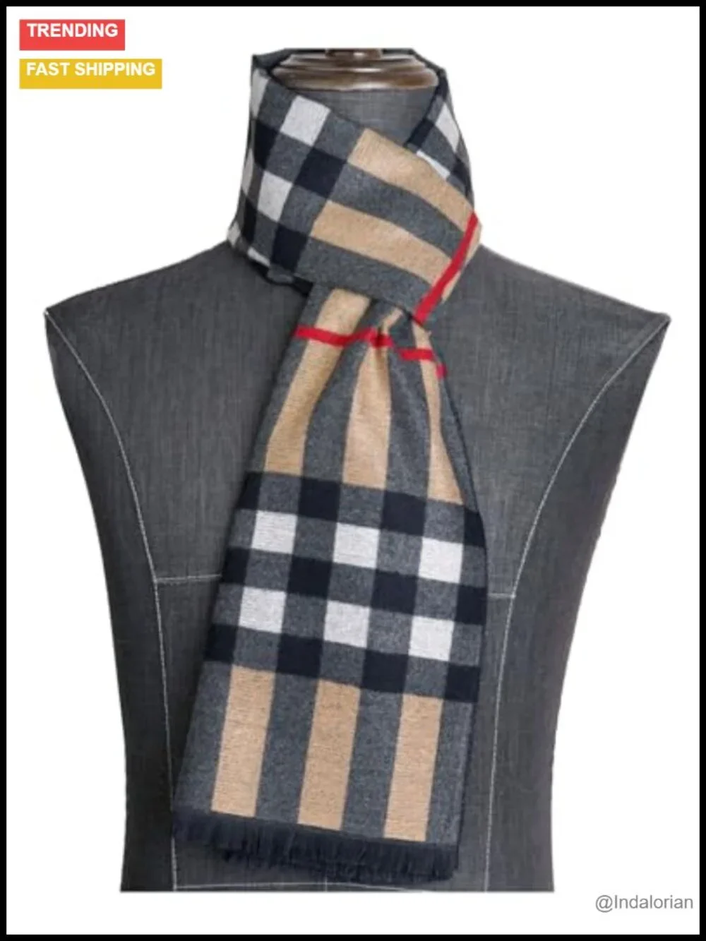 Men's Winter Warm Scarf Cashmere Feel Plaid Long Scarf Tassels Classic Design